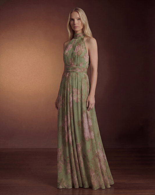 Sage Green Floral Wedding Guest Maxi Dress for Women | Summer Halter Occasion Dress