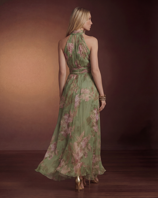 Sage Green Floral Wedding Guest Maxi Dress for Women | Summer Halter Occasion Dress - AMELIÈR VORÈ