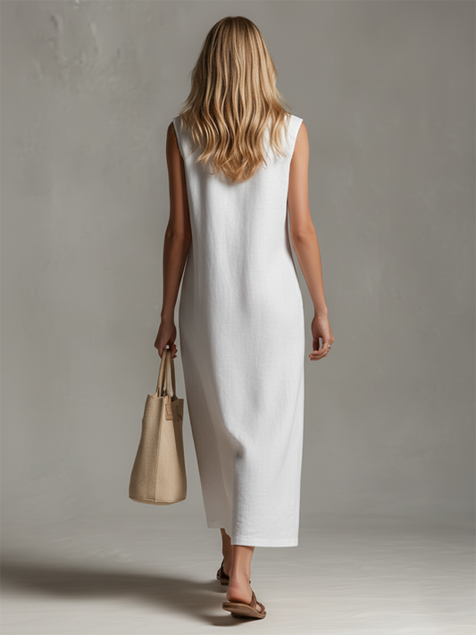 Chic Cotton-Linen Sleeveless Midi Dress with Stand-Up Collar