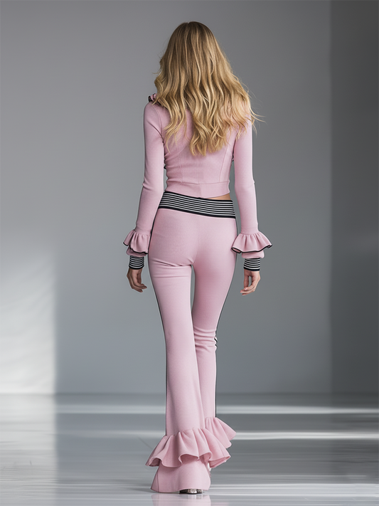 Elegant Pink Waffle Knit Flared Pants and Matching Top Set