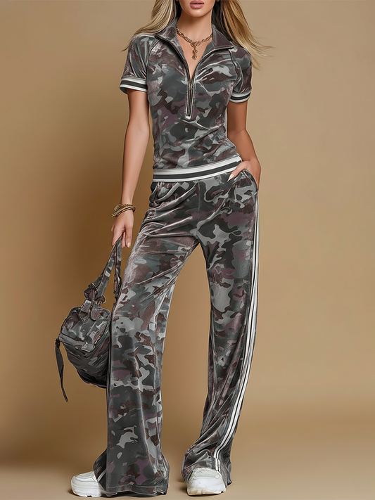 Retro Velvet Camouflage T-Shirt And Pants Set With Striped Trim