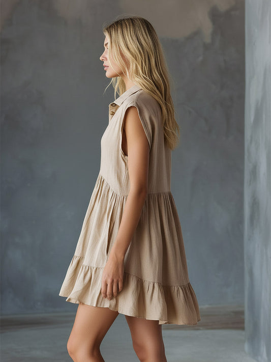 GY Cotton-Linen Wide-Shoulder Sleeveless Mini Dress Apricot