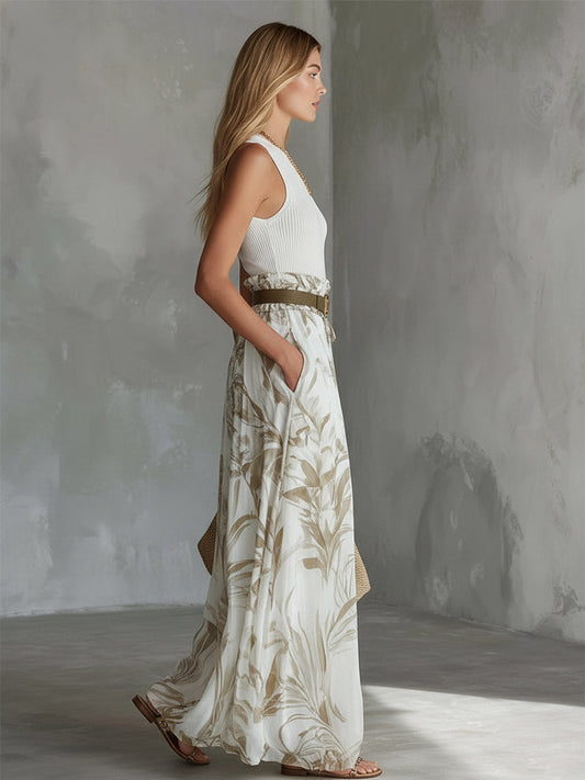 Elegant White Knit Tank and Printed Chiffon Wide Leg Pants Set