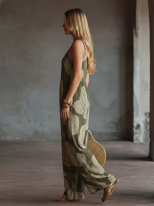 Chic Retro Green Floral Chiffon Spaghetti Strap Wide Leg Jumpsuit