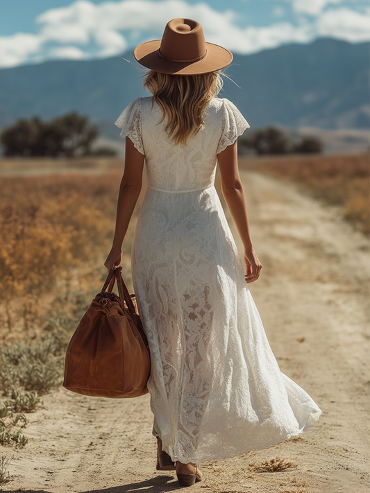 GY Western Lace-Up V-Neck Maxi Dress White