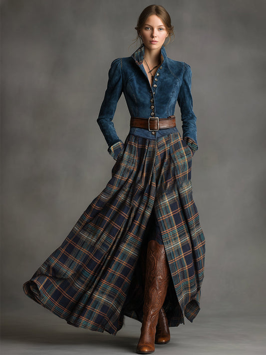 GY Retro Blue Plaid Faux Suede Maxi Dress Ethnic Belt