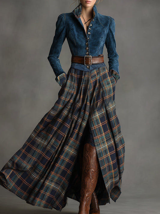 GY Retro Blue Plaid Faux Suede Maxi Dress Ethnic Belt