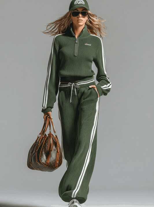 Sporty Half-Zip Knitted Sweater And Pants Set Green