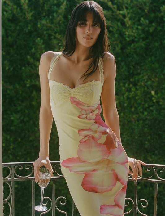 Yellow Floral Wedding Guest Maxi Dress for Women | Summer Open Back Dress - AMELIÈR VORÈ