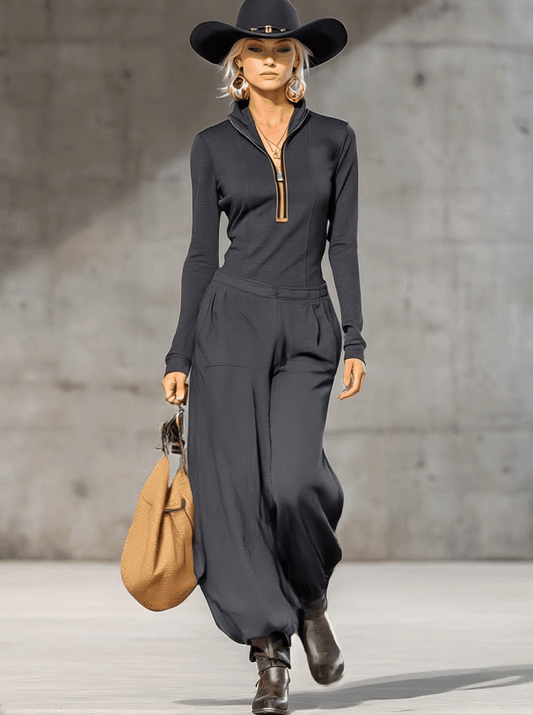Casual Retro Half-High Collar Zipper Top And Wide Leg Pants Set