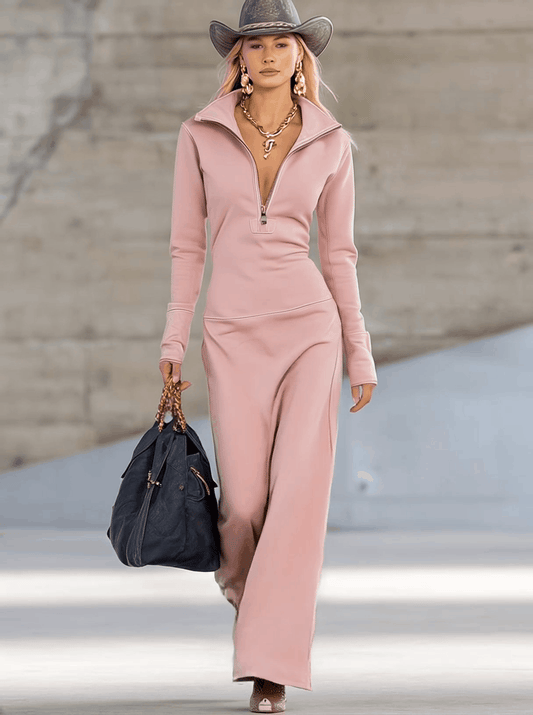 CSS Sporty V-neck Long-sleeved Front Zipper Maxi Dress