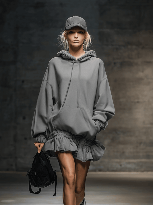 Grey Hooded Sweatshirt Mini Dress with Elastic Hem