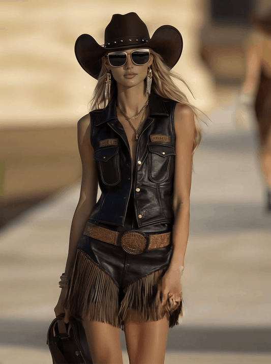 CSS Vintage Western Distressed Faux Leather Vest and Tassel Shorts Set