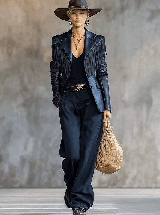 Vintage Style Black Faux Leather Blazer with Shoulder Tassel Details