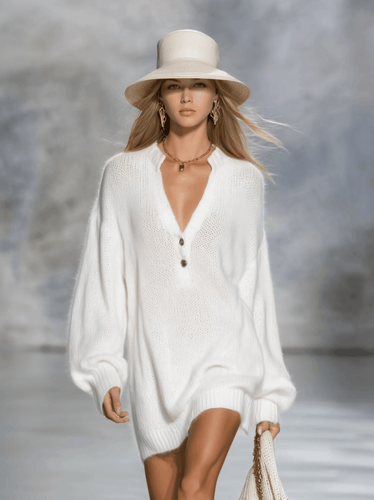 V-Neck Knitted Mini Dress Solid White Casual Style