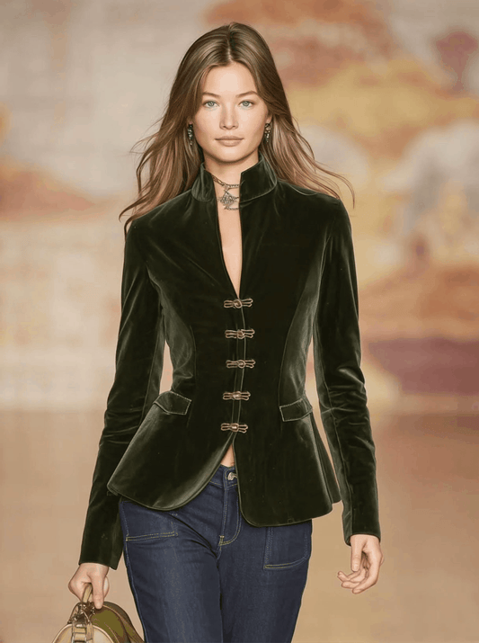 Elegant Retro Dark Green Velvet Blazer With Gold Button Details