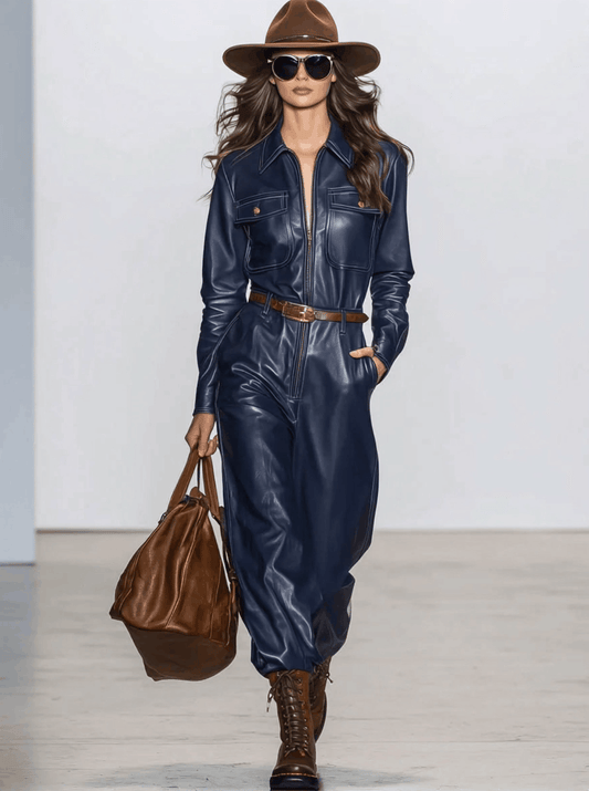 Dark Blue Faux Leather Lace-Up Wide-Leg Jumpsuit Retro Style