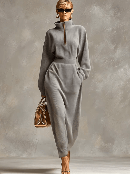 Waffle Knit Maxi Dress With Front Zipper Light Gray