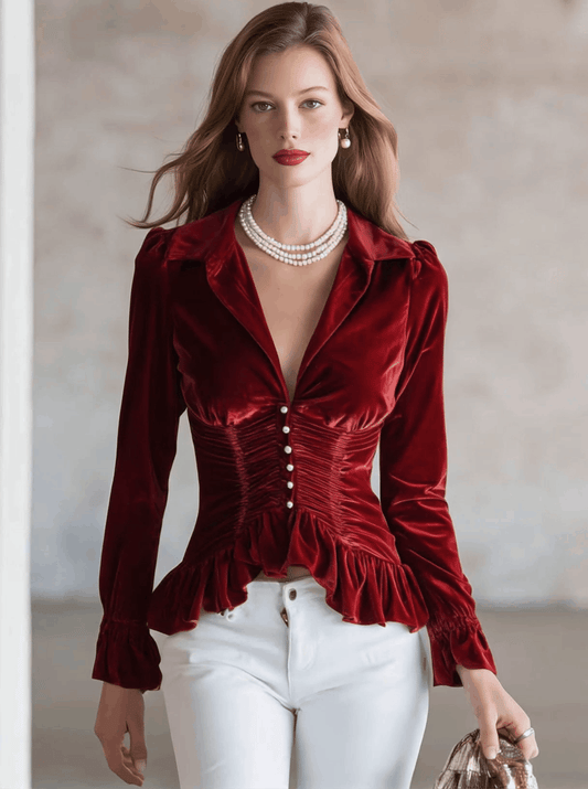 Fashionable Retro Red Velvet Long-Sleeved Shirt with Pleated Ruffles