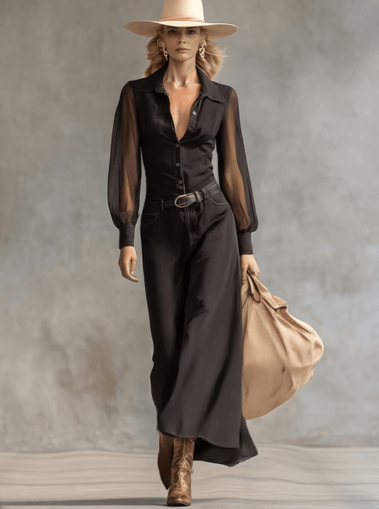 Vintage Western V-Neck Denim Maxi Dress With Sheer Sleeves Black