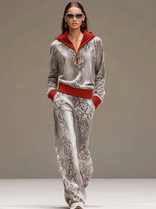 Retro Gray Snakeskin Velvet Hooded Sweatshirt and Wide-Leg Set