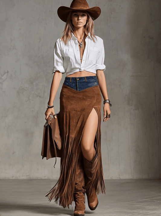 Vintage Western Brown Suede Patchwork Tassel Asymmetrical Long Skirt
