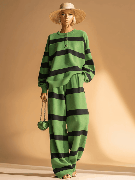 Green and Black Striped Knitted Sweatshirt and Pants Set