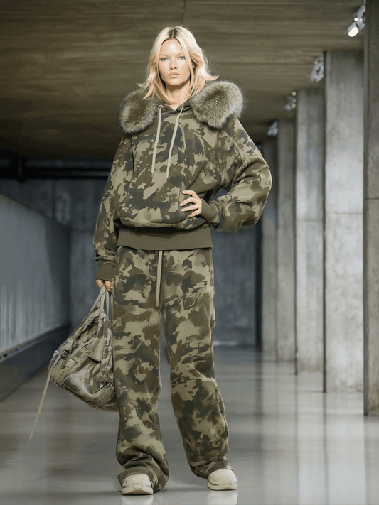 Chic Camouflage Print Faux Fur Collar Sweatshirt Wide-Leg Pants Set