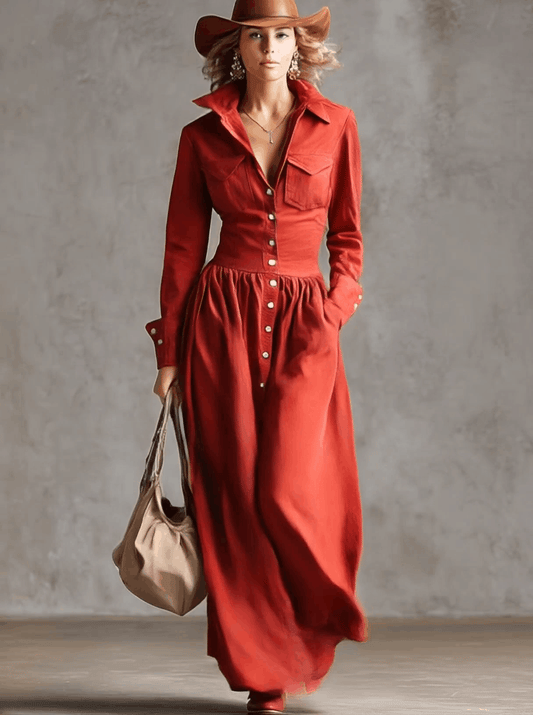 CSS Retro Western Lapel Button Down Cotton Linen Maxi Dress