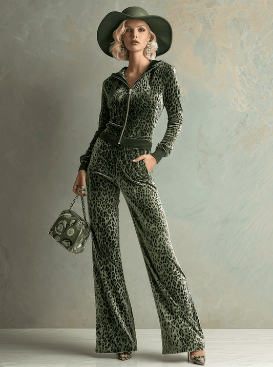Retro Elegant Green Leopard Print Hooded Velvet Jumpsuit for Women