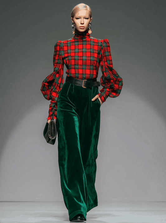 Retro Plaid Velvet Turtleneck Top And Wide-Leg Pants Set