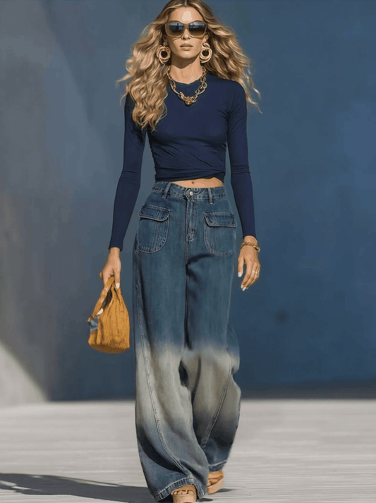 Stylish Gradient Washed Denim Loose Pants in Blue Gray Finish