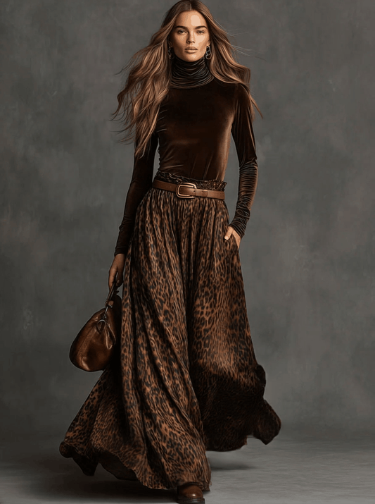 Velvet Turtleneck Top and Leopard Print Skirt Set Brown