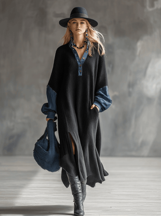 Black Knitted Maxi Dress With Denim Trim Accents