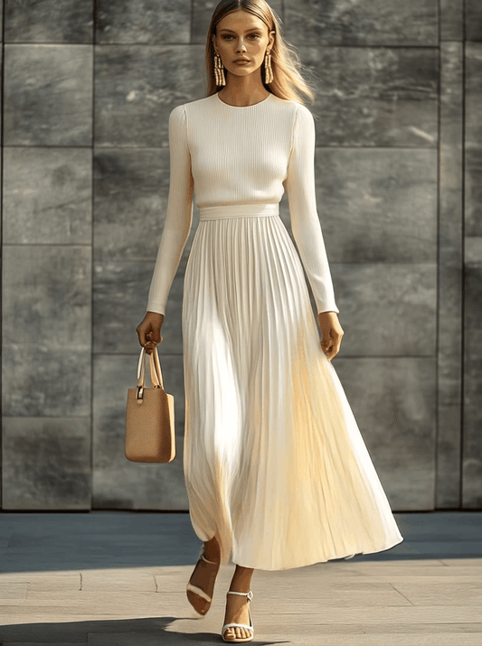 CSS Long Sleeve Knitted Satin Pleated Hem Casual Maxi Dress
