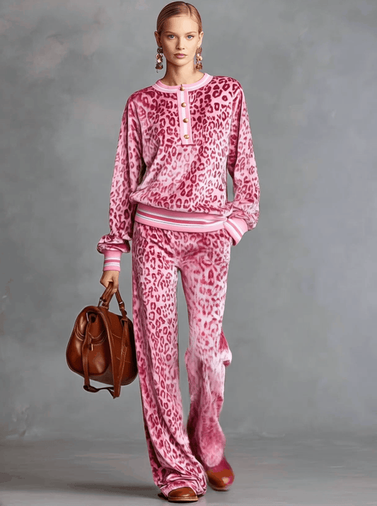 Cozy Pink Velvet Leopard Print Long Sleeve Sweatshirt Pants Set