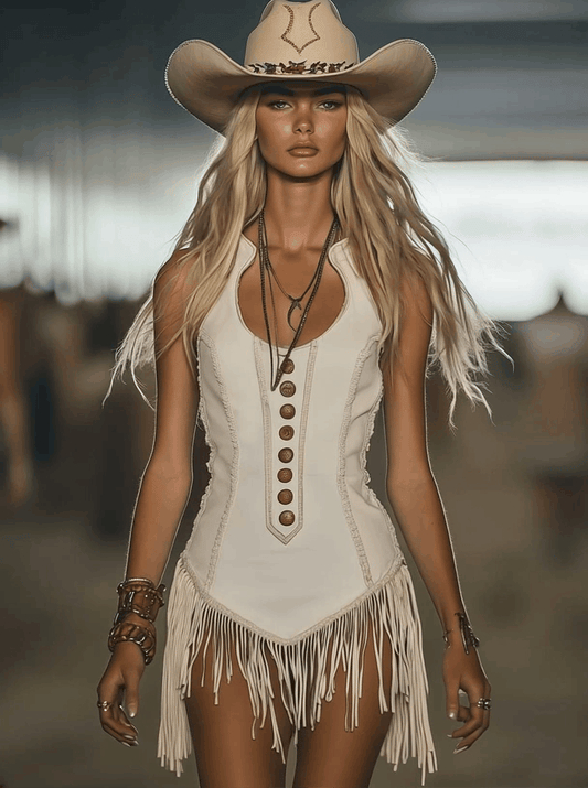 CSS Sleeveless Mini Dress With Western Tassel Detail White