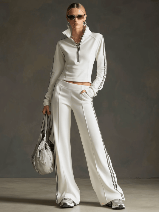 BXL Retro Sporty Striped Webbing Sweatshirt Pants Set White