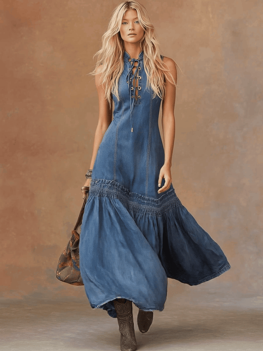 CSS Vintage Western Denim Maxi Dress Tie-Neck Bubble Hem Blue
