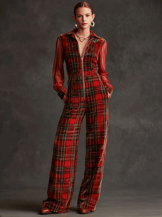 Retro Red and Green Plaid Velvet Wide Leg Jumpsuit
