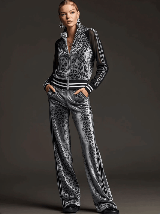 Gray Leopard Print Velvet Sweatshirt and Pants Matching Set