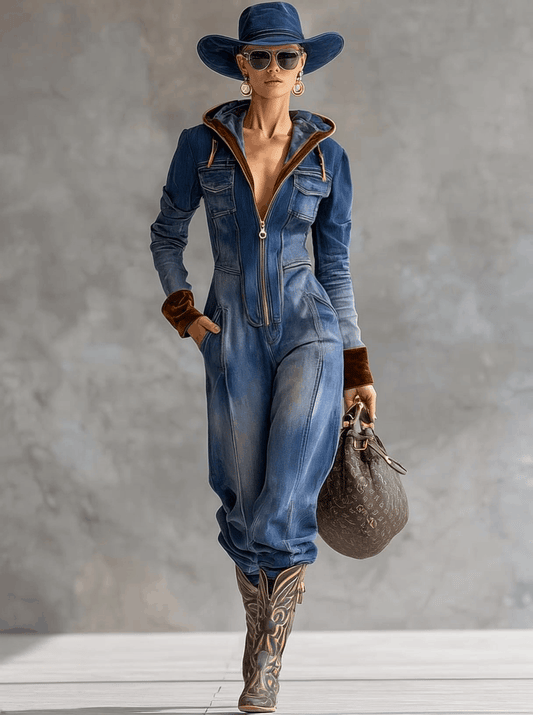 Vintage Western Denim Jumpsuit with Velvet Panels and Hood Blue