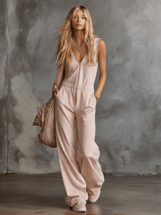 CSS Retro Sporty V-Neck Sleeveless Cotton Jumpsuit Light Pink