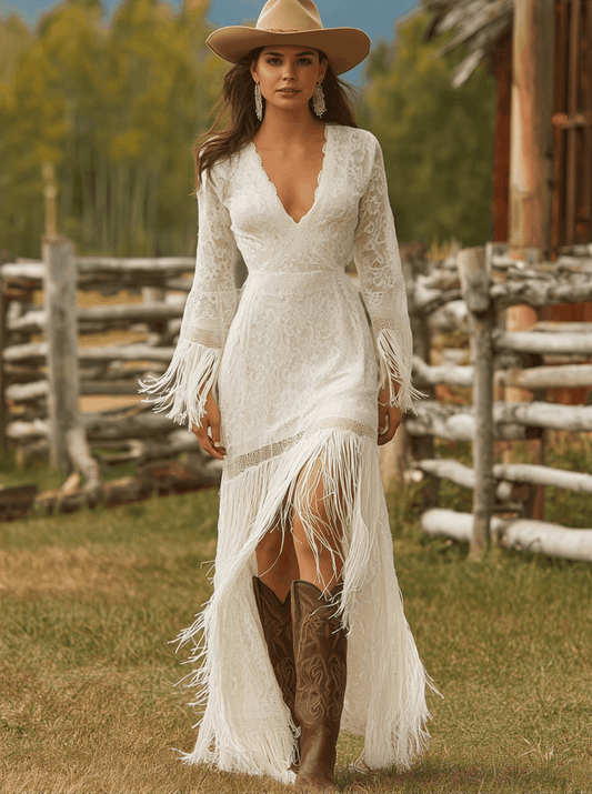 Elegant Lace V-Neck Maxi Dress With Tassels And High-Low Hem