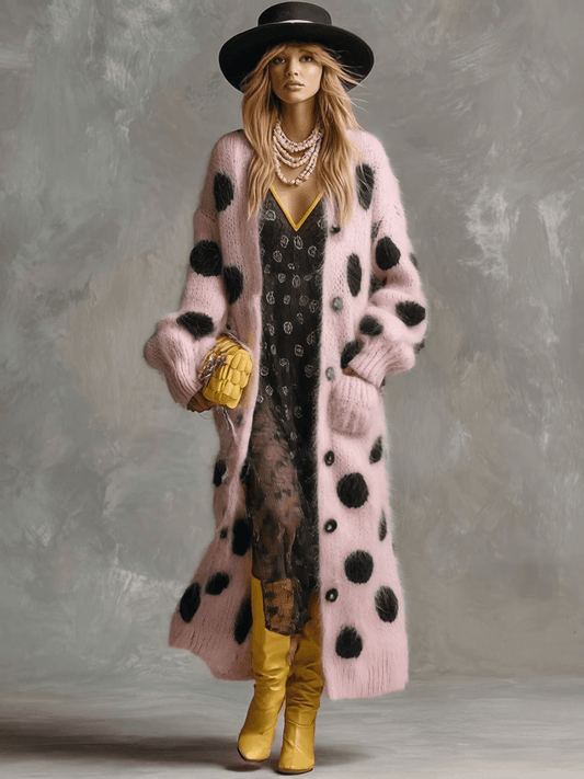 Pink Polka Dot Imitation Rabbit Fur Knitted Long Sleeve Cardigan