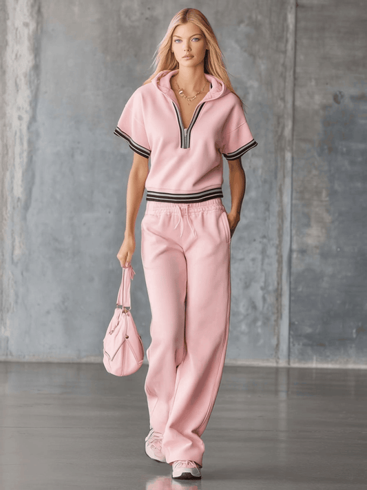 Sporty Pink Cotton Hooded Front Zipper Top Pants Set