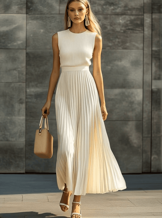 Knitted Chiffon Pleated Hem Maxi Dress in Cream