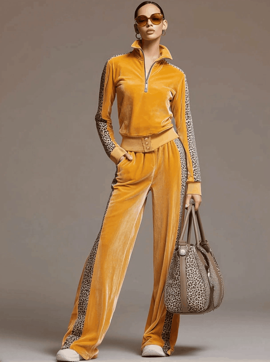 Yellow Velvet Sweatshirt and Wide Leg Pants Co-ord Set