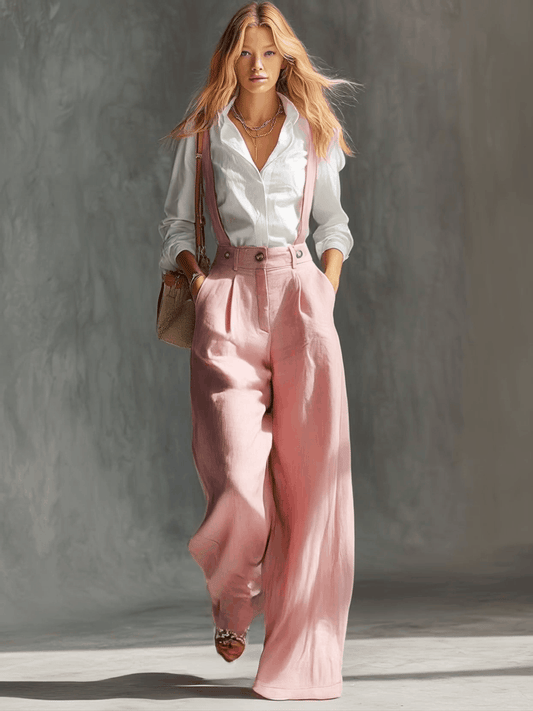 Vintage Style Pink Cotton Linen Wide Leg Overalls With Pockets