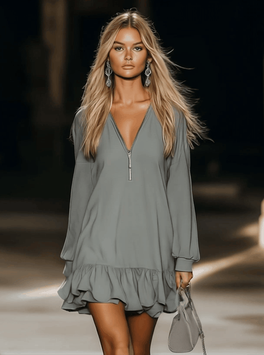 Casual Gray V-Neck Long Sleeve Mini Dress Zipper Detail